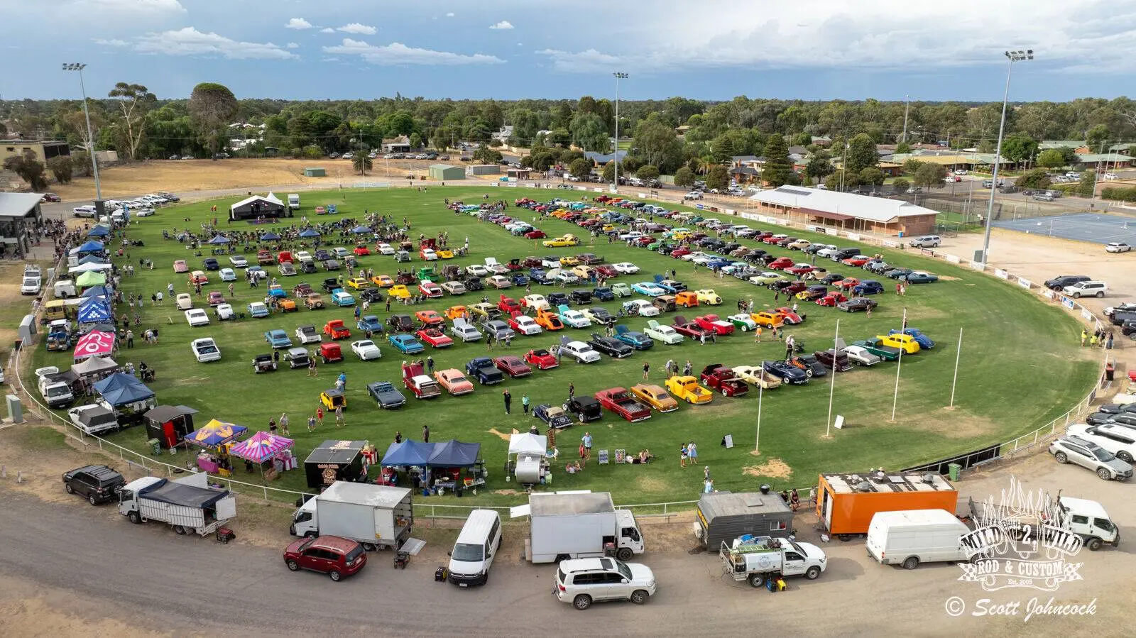 Show & Shine at Tocumwal Recreation Reserve - aerial view of classic cars